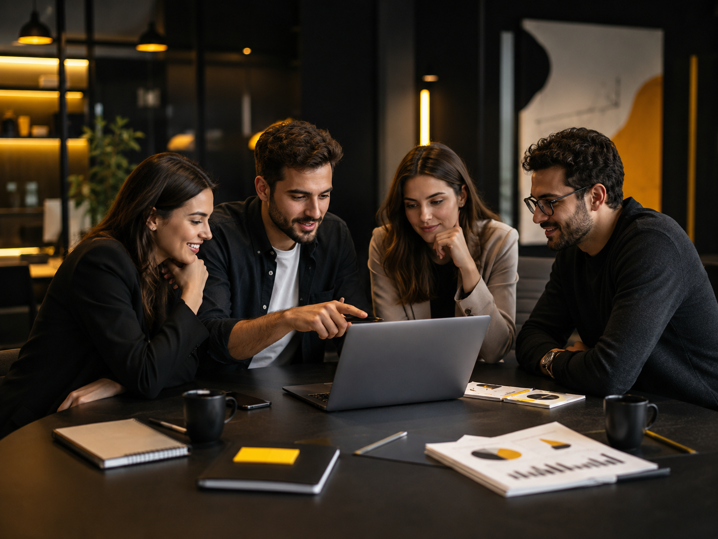 Creative marketing team collaborating around a laptop